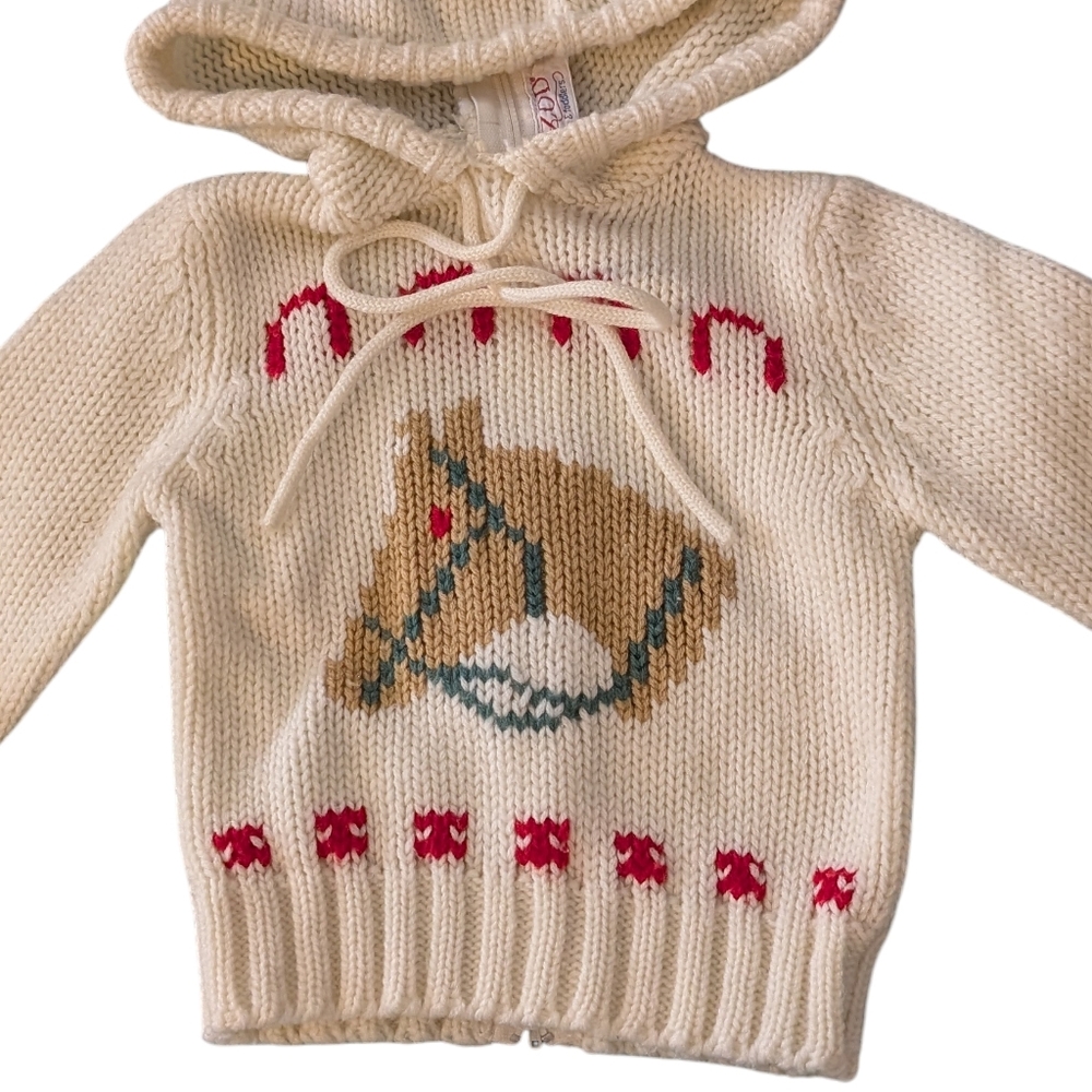 Vintage IZOD Horse Equestrian Toddler Knit Sweater Back Zip Hooded Rare